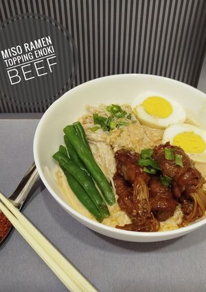 Foto resep Miso Ramen Topping Enoki Beef