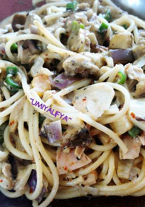 Foto resep spaghetti tongcis (ikan tongkol, terong dan buncis)