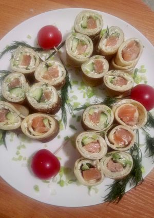 Une photo de Rouleaux de pancakes aux saumon et fromage à la crème