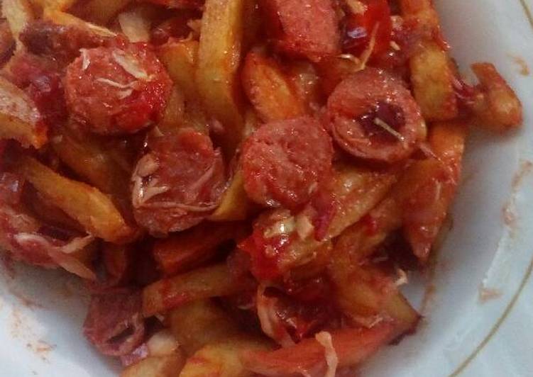 Chips masala and fried sausages