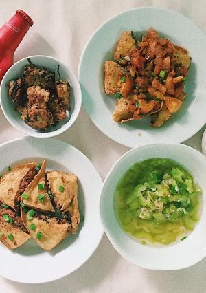 Hình của món Đậu hũ nhồi thịt chiên*sốt cà.