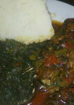 A picture of Sossy soya served with ugali and kales.