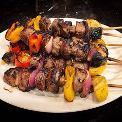 A picture of Grilled Beef and Veggies Kebabs.