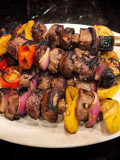 A picture of Grilled Beef and Veggies Kebabs.