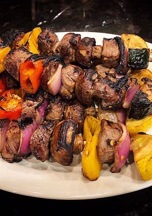 A picture of Grilled Beef and Veggies Kebabs.