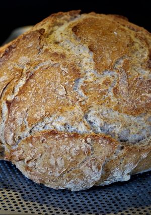 A picture of Semi-Whole Wheat Rye Bread in a Dutch Oven.