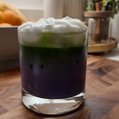 A picture of Ube Matcha Latte with Cold Foam.