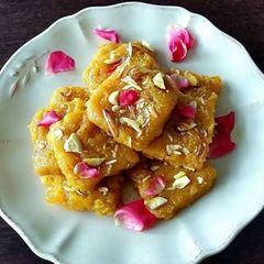 Mango coconut besan burfi A picture of Mango coconut besan burfi.