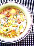 Guiso de patata y guisante con chorizo y bacon ahumado