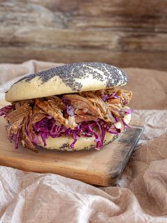 A picture of Low-Temperature Cooked Pulled Pork with Purple Coleslaw.