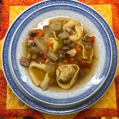 A picture of Chicken Soup with Italian Sausage, Fennel and Tortellini.