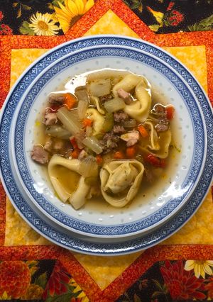 A picture of Chicken Soup with Italian Sausage, Fennel and Tortellini.
