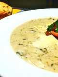 Cream of Mushroom Soup with Parmesan Cheese and Applewood Smoked Bacon