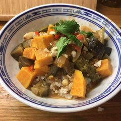 A picture of Spicy Peanut Stew with Okra, Aubergine & Sweet Potato.