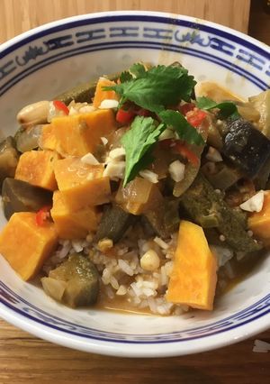 A picture of Spicy Peanut Stew with Okra, Aubergine & Sweet Potato.