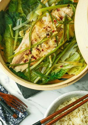 A picture of Steamed Basa With Spring Onions & Garlic.