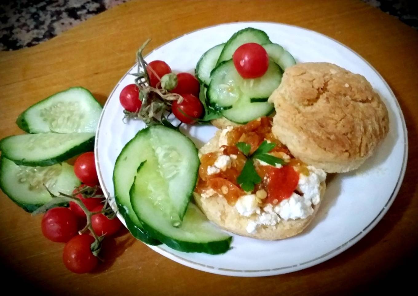 Savory scones with feta cheese and grilled peppers, tomato