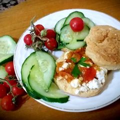A picture of Savory scones with feta cheese and grilled peppers, tomato.