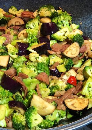 A picture of Sautéed Broccoli, Eggplant and Bacon.
