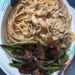 A picture of Sardine & Cannellini Lemon Pasta with Roasted Curried Vegetables.