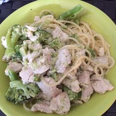 A picture of Spaghetti Chicken Alfredo.
