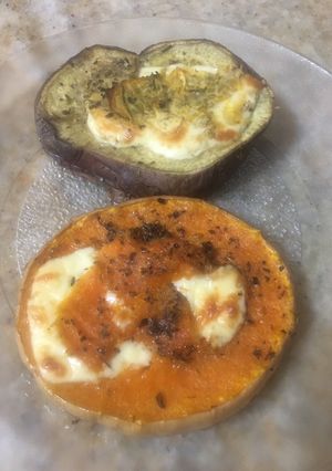 Una foto de Zapallo y batatas al horno