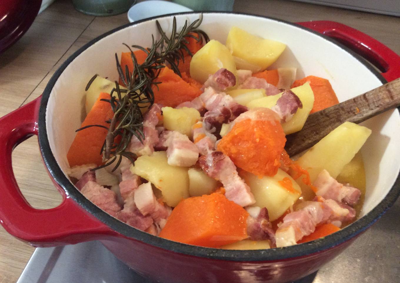 Pommes de terre et Courge musquée au lard