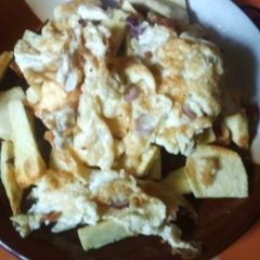 A picture of Fried egg and sweet potatoes.