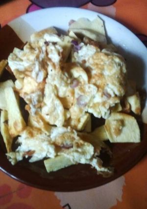 A picture of Fried egg and sweet potatoes.