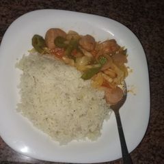 A picture of Dinner boiled rice and sausage straw #favorite Easter dish.