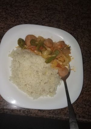 A picture of Dinner boiled rice and sausage straw #favorite Easter dish.