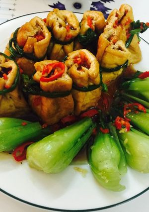 Hình của món Đậu hũ bó mạ chay.