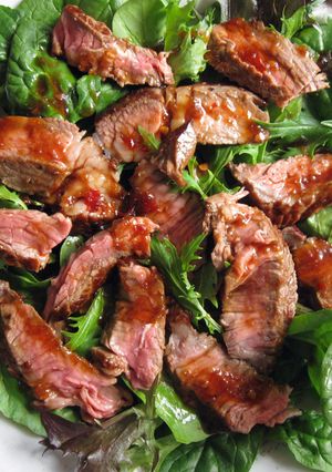 A picture of Steak Salad with Ponzu Based Dressing.