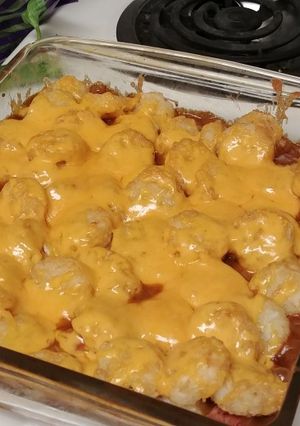 A picture of Chili Dog Tot Casserole for 2.