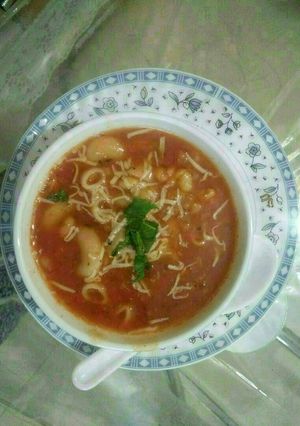 A picture of Tomato pasta beans soup (jain).