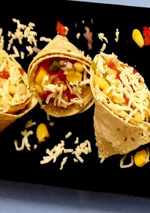A picture of Diet Bhel - Corn Bhel in Papad Cones.