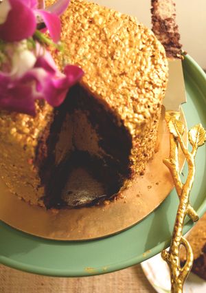 A picture of Chocolate cake with caramel coffee mousse filling.