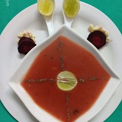 A picture of Garlic beetroot lemon soup.