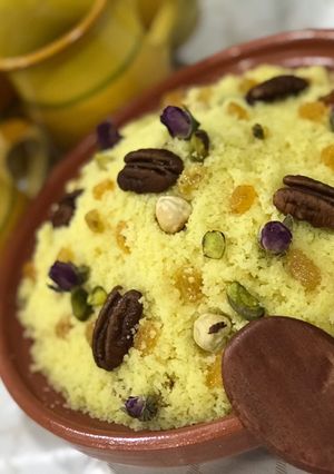 A picture of Algerian Mesfouf with Raisins and Nuts.