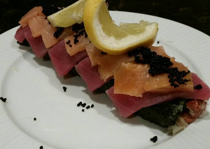 Brad's lobster, ahi tuna, and smoked salmon sushi roll