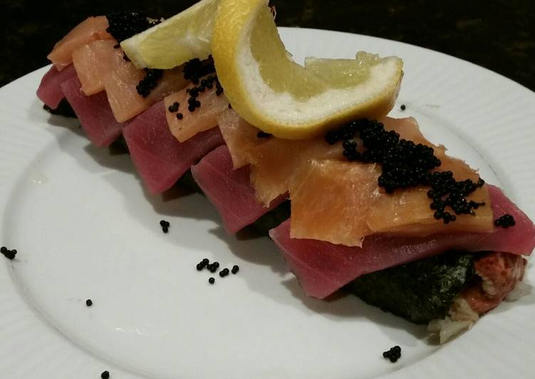 Recipe of Quick Brad&#39;s lobster, ahi tuna, and smoked salmon sushi roll