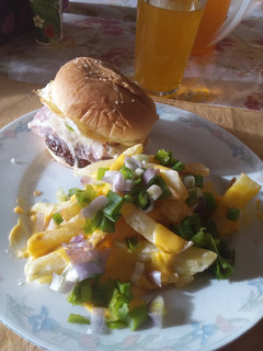 Una foto de Hamburguesa con papas fritas cheddar y verdeo