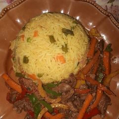 Fried rice and beef stir fry A picture of Fried rice and beef stir fry.