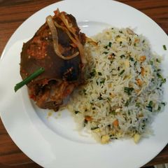 Stir fry rice and goat meat A picture of Stir fry rice and goat meat.