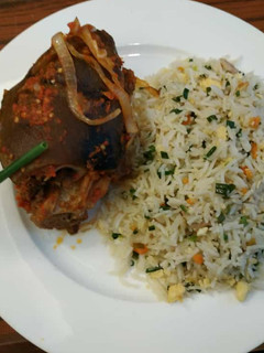 A picture of Stir fry rice and goat meat.