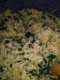 Una foto de Arroz con espinaca, y salsa blanca con cebolla