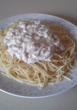A picture of Spaghetti with Cream, Bacon, and Mushrooms.