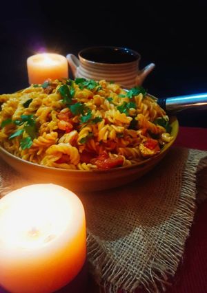 A picture of Pasta with mexican chicken.
