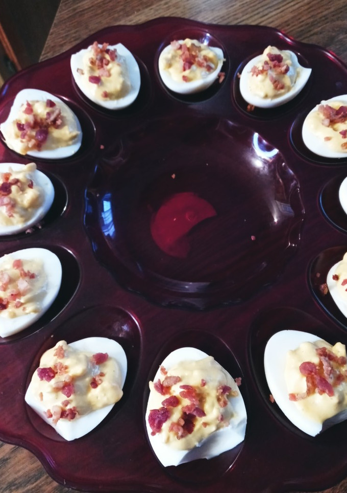 A picture of Cheddar Bacon Ranch Deviled Eggs.