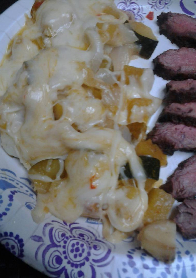 A picture of Acorn squash and onion casserole.